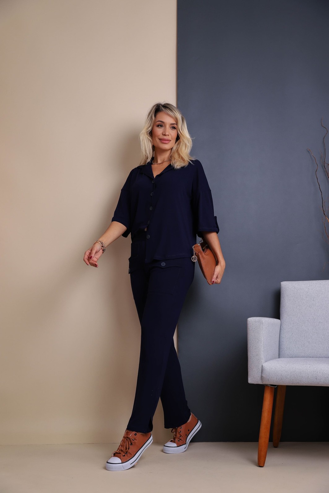 Conjunto de camisa oversized Luiza 2.0 Marinho