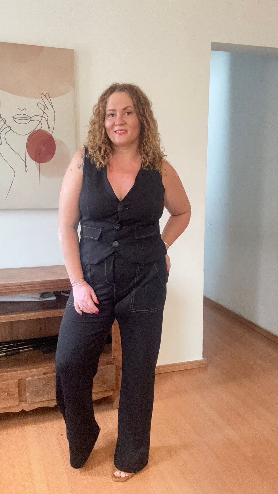 Conjunto Megan em Malha de Ponto Roma Preto com pesponto ocre