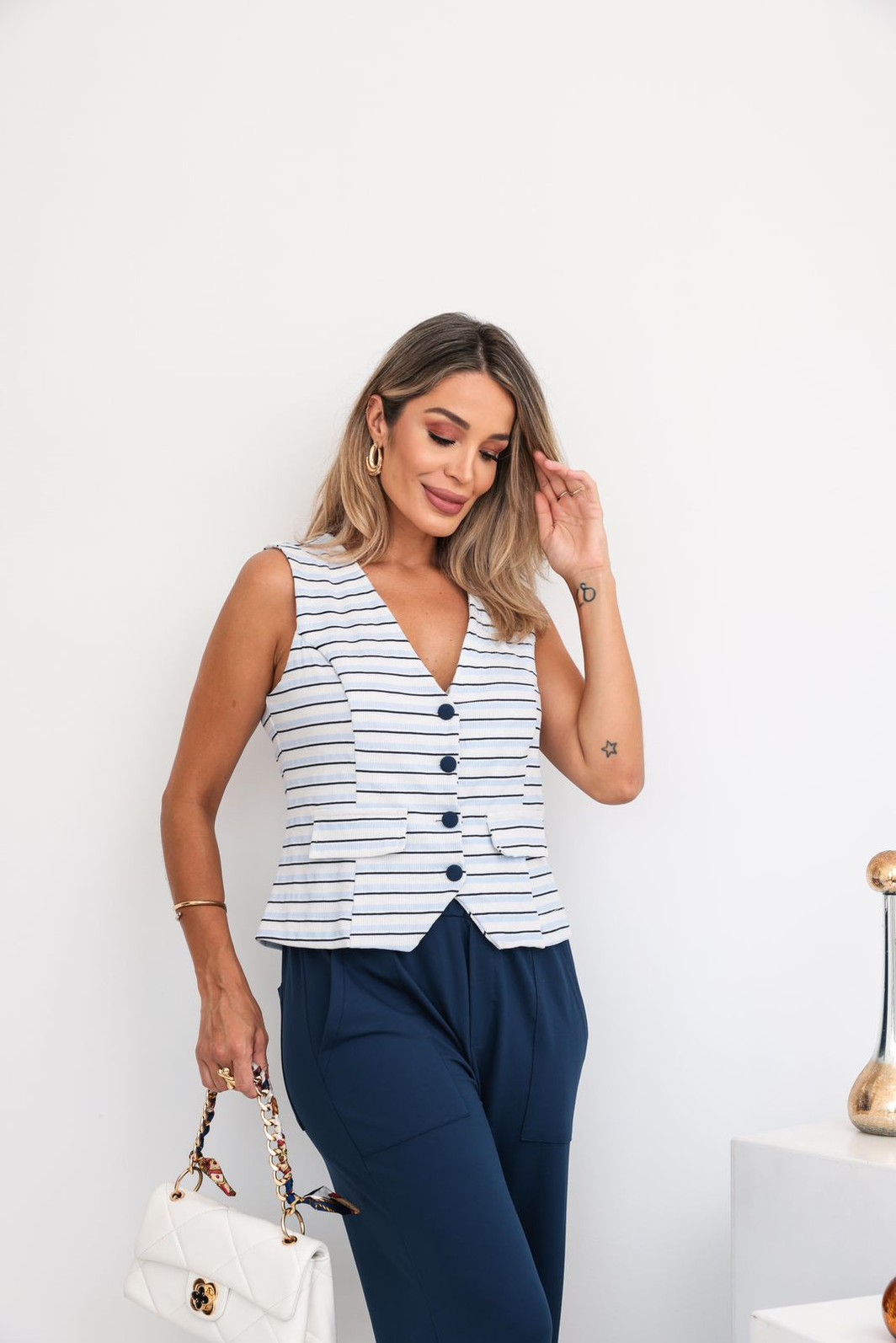 Conjunto de Malha Algodão com Moletinho Listrado Kate Azul Marinho