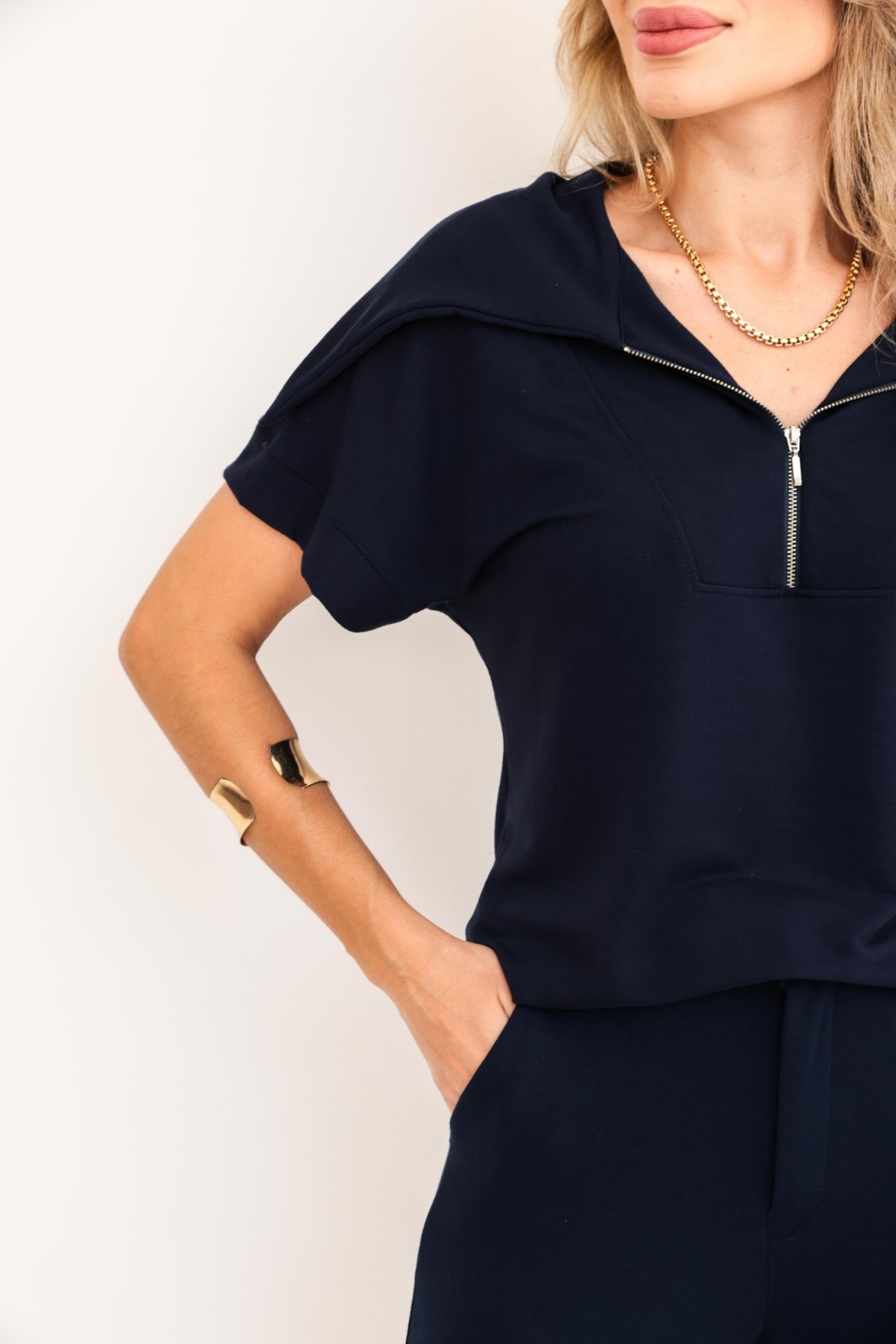 Conjunto Lídia com ziper midsize em moletinho Azul Marinho