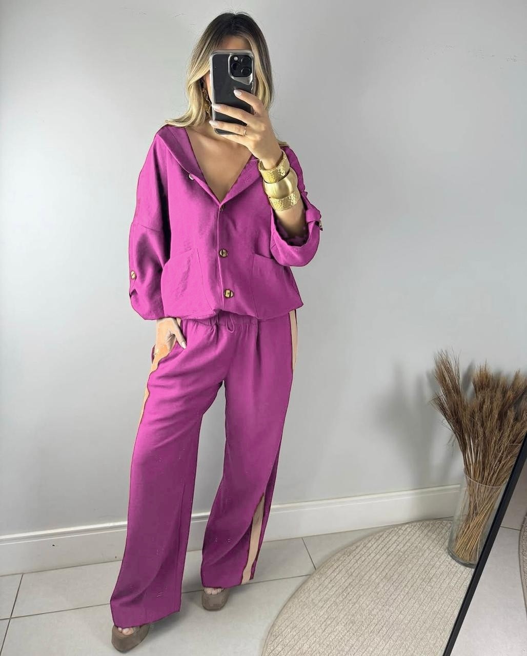 Conjunto Feminino Parka e Pantalona Listrado Vania Pink Fuscia