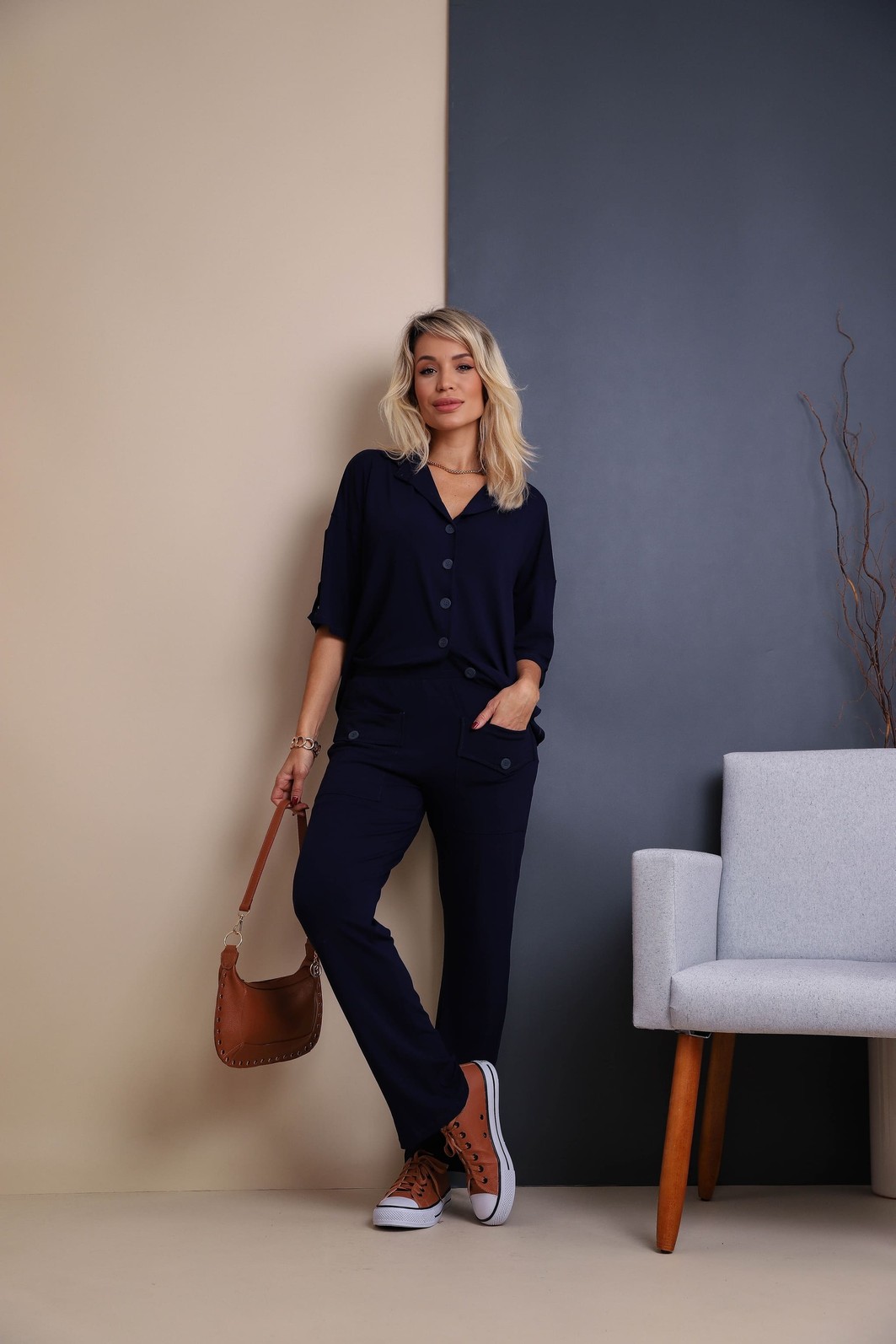 Conjunto de camisa oversized Luiza 2.0 Marinho