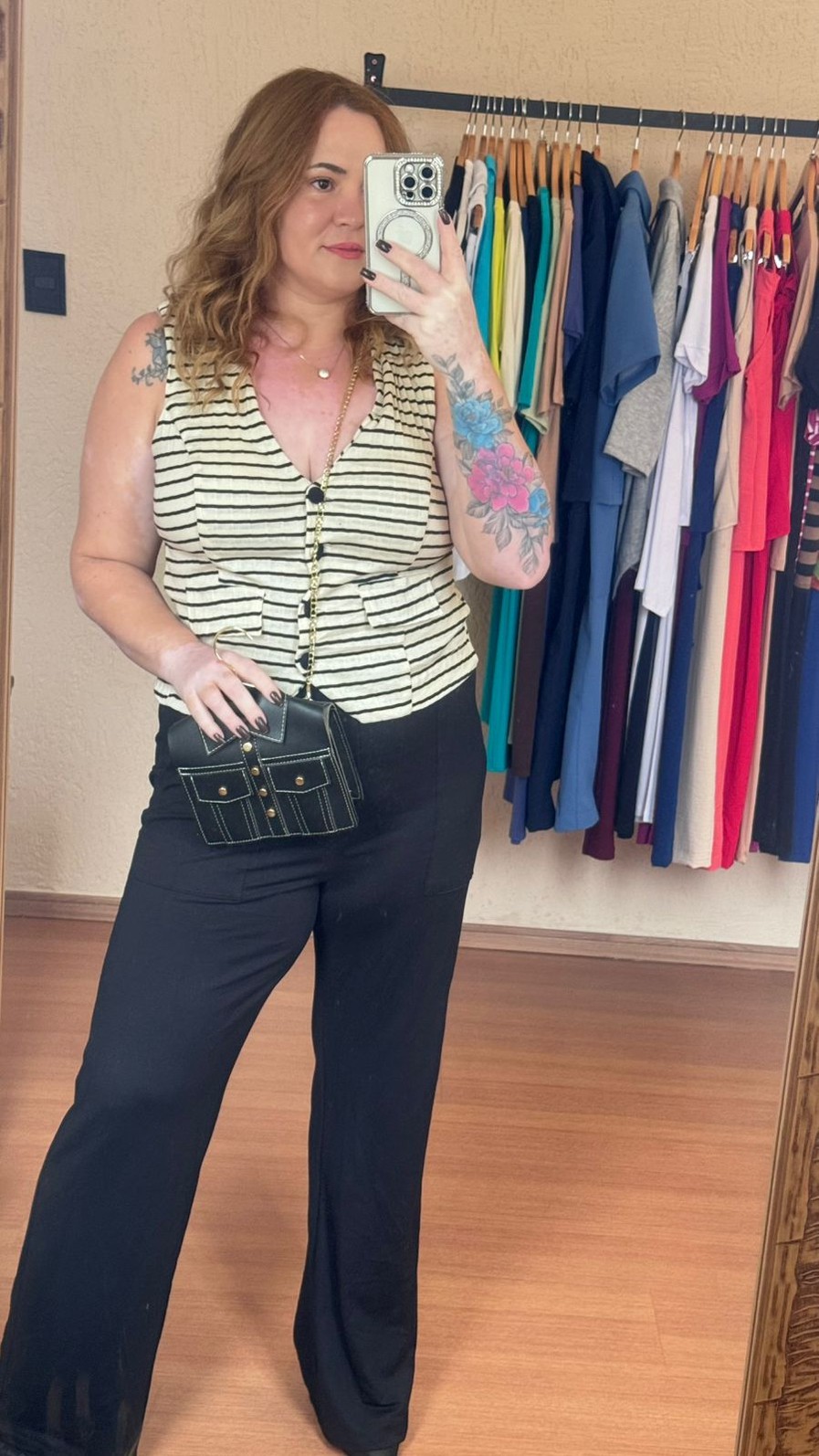 Conjunto de Malha Algodão com Moletinho Listrado Kate Off white com Preto