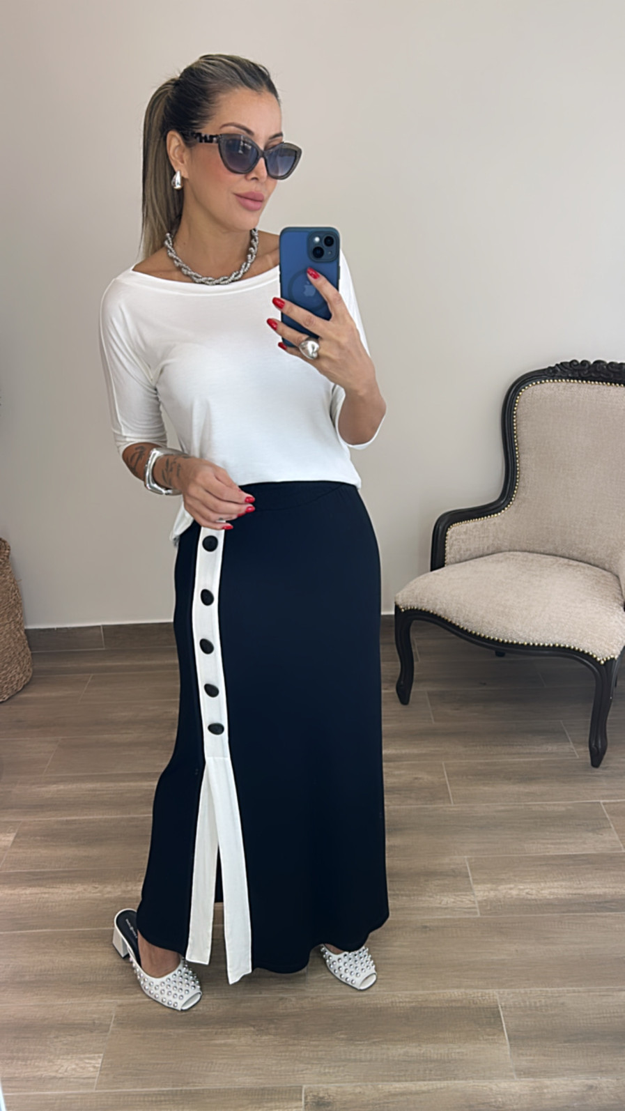 Conjunto De Saia Bicolor com Botões Esther Preto com Branco