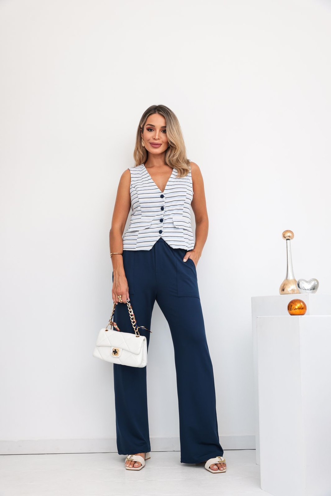 Conjunto de Malha Algodão com Moletinho Listrado Kate Azul Marinho