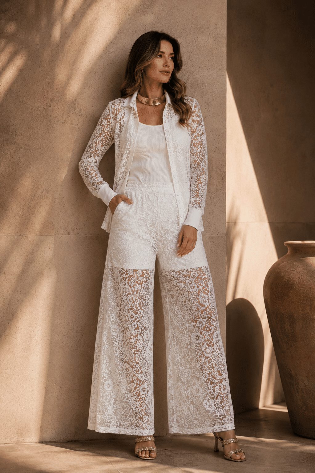 Conjunto de renda com malha vicenza Francesca Off White Conjunto de renda com malha vicenza Francesca Off White