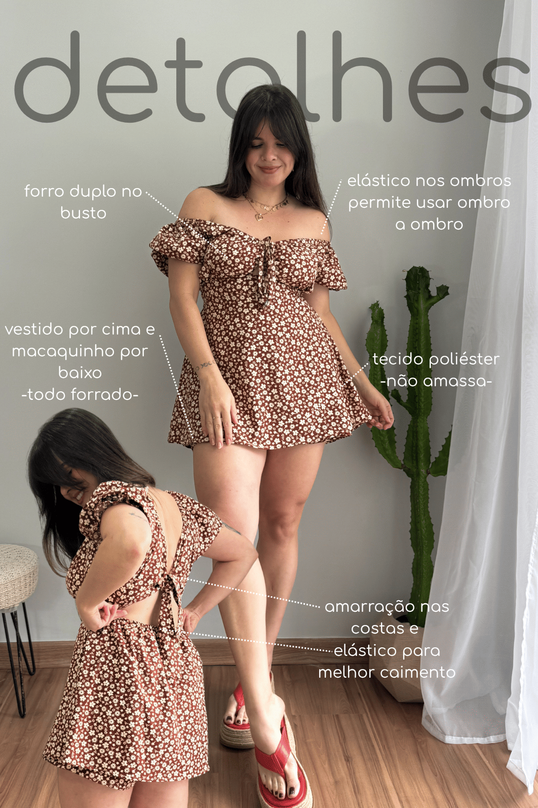 Macaquinho dress marrom estampa floral