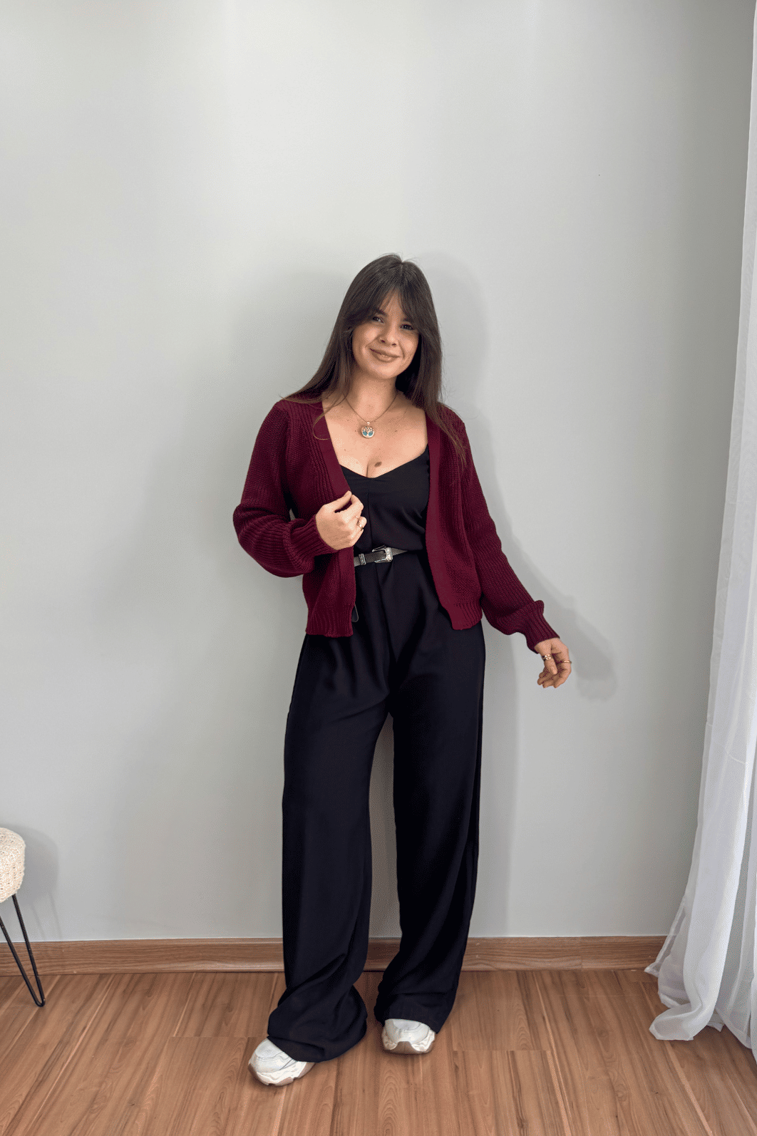 Cardigan curto em tricô bordô