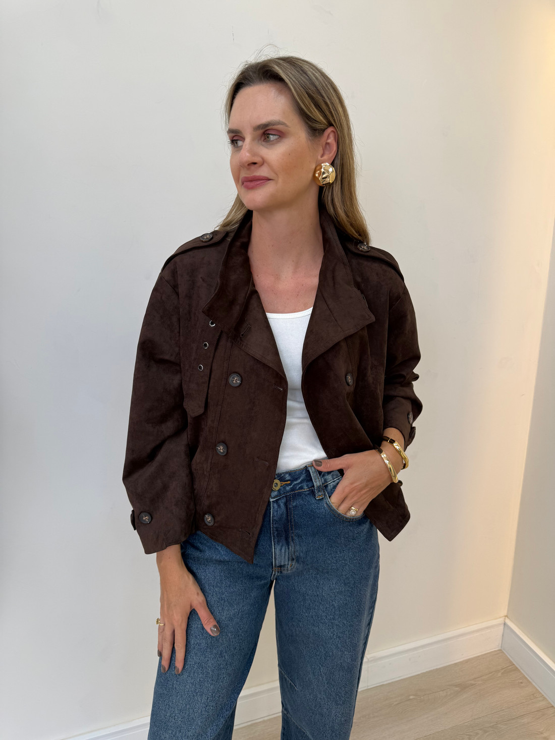 Jaqueta de Camurça com Franzido Atrás Perla Jaqueta de Camurça com Franzido Atrás Perla