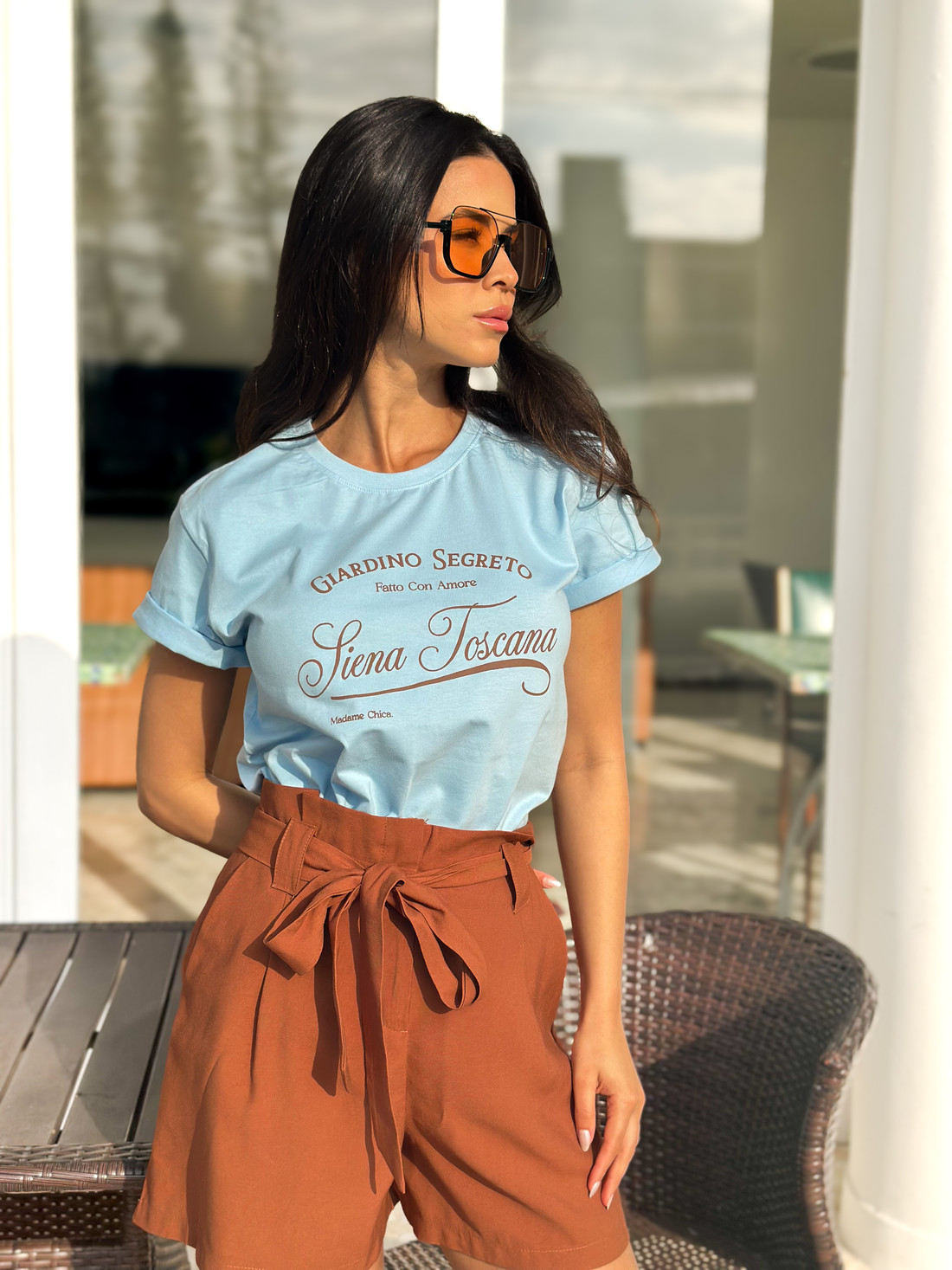 Camiseta T-shirt feminina Toscana cor azul claro