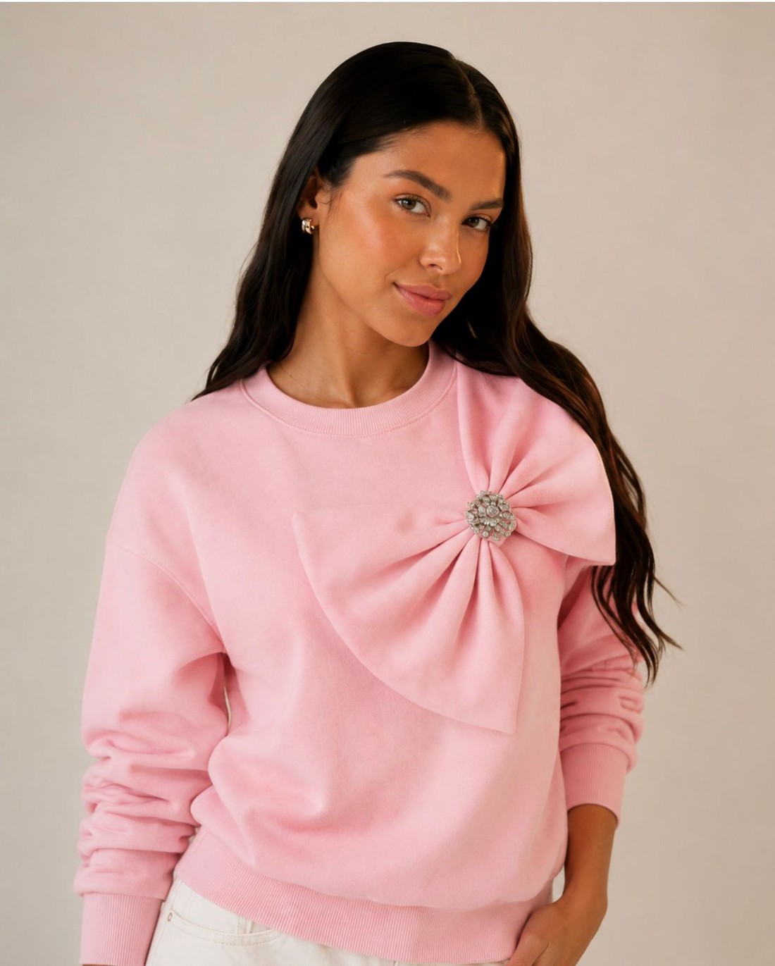 Moletom Adriana de Laço no ombro com bordado na cor Rosa Claro