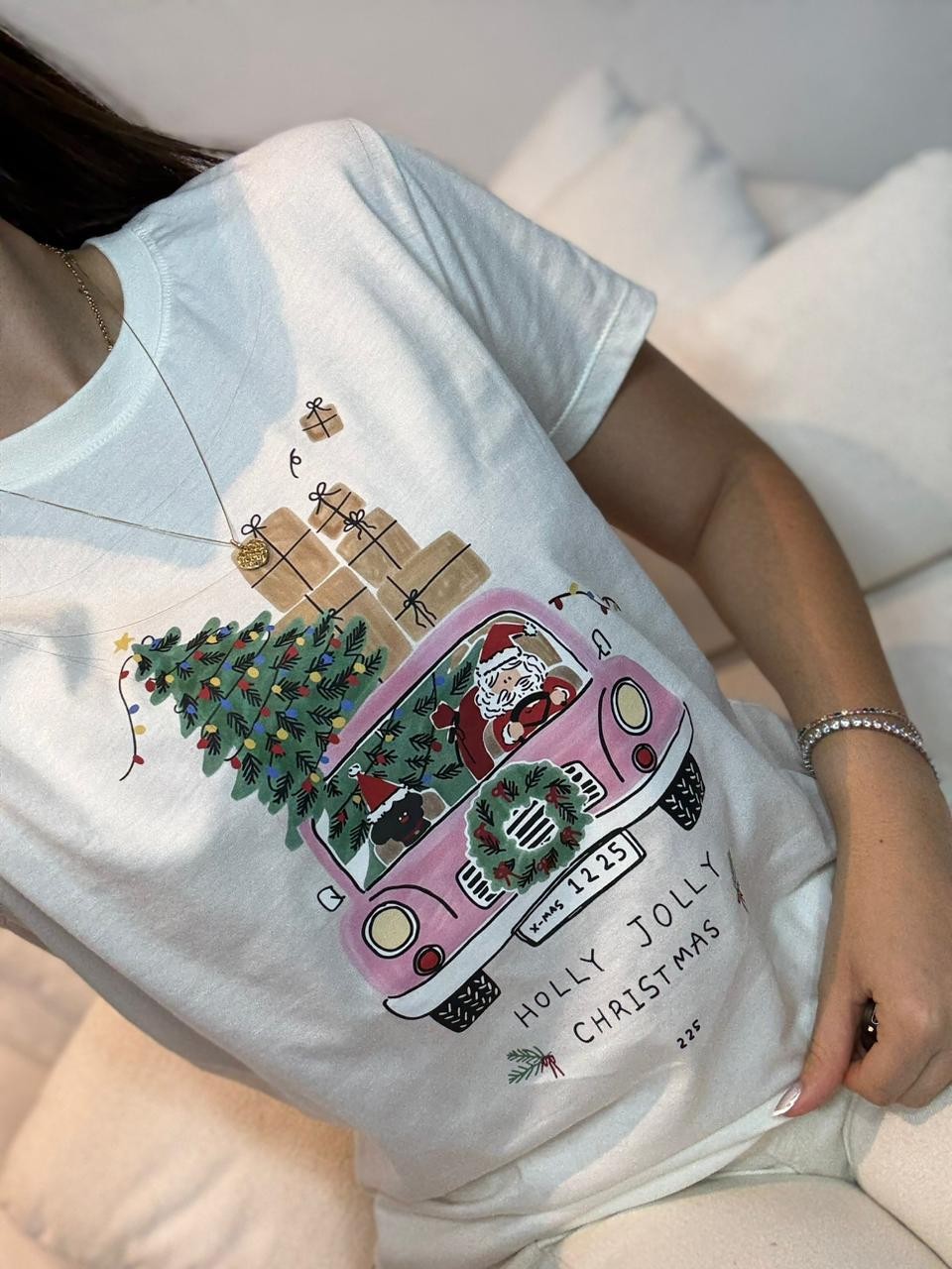 T-shirt Feminina Papai Noel cor Off White