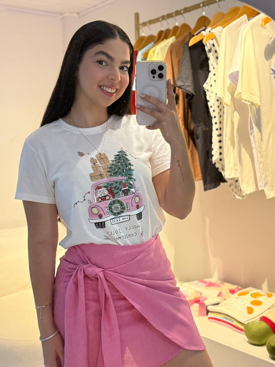 T-shirt Feminina Papai Noel cor Off White