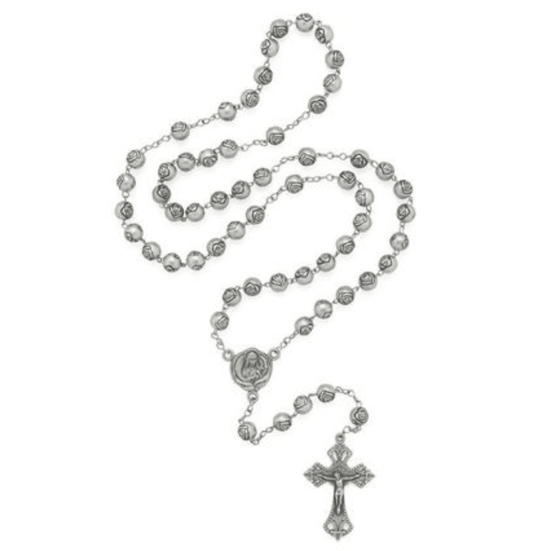 Terço de Inox Cinza com Entremeio de Santa Teresinha e Contas em Formato de Rosas