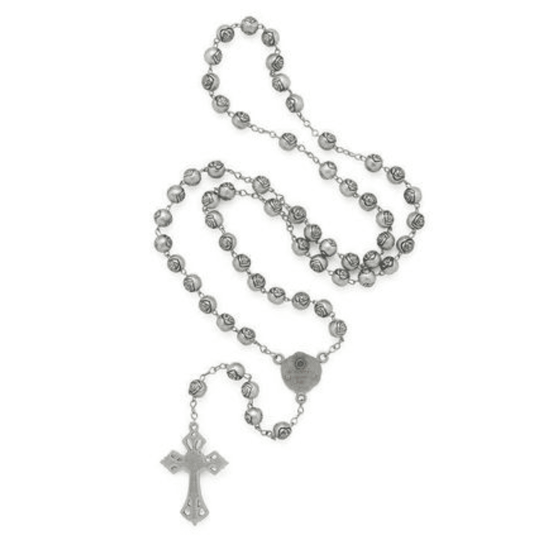 Terço de Inox Cinza com Entremeio de Santa Teresinha e Contas em Formato de Rosas