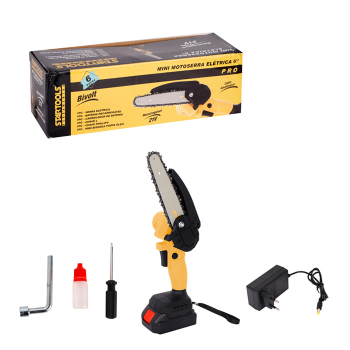 Mini Motosserra Elétrica 6" Bateria 21V Portátil Poda Galhos Jardim