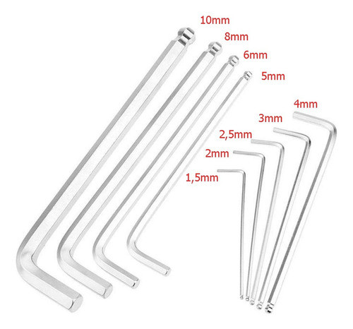 Kit 9 Chaves Allen Cromo Vanadium 1,5mm a 10mm Cabo Emborrachado Alta Durabilidade