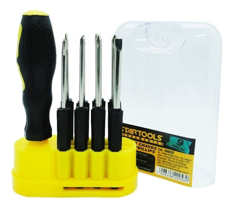 Kit 9 Chaves Fenda e Phillips Cabo Emborrachado Pontas Intercambiáveis