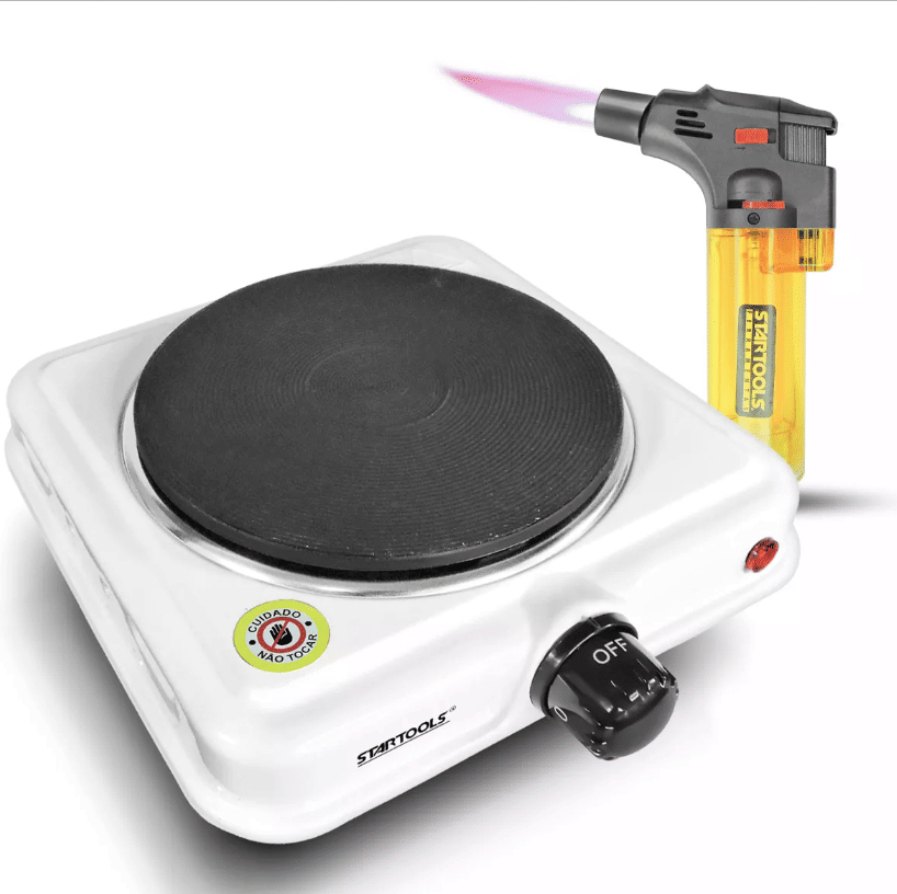 Kit Fogareiro Elétrico Chapa Portátil + Mini Maçarico