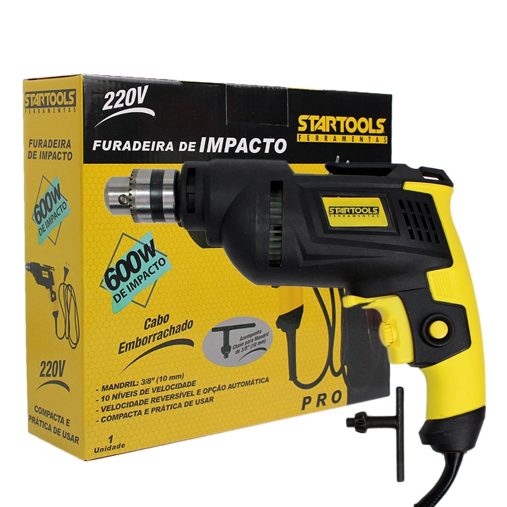 Furadeira de Impacto Elétrica Profissional Perfuração Concreto 600W 127/220V Mandril 3/8" Alta Performance