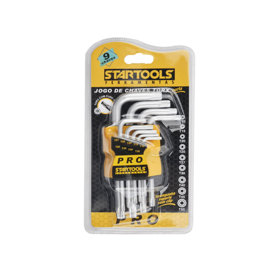 Kit 9 Chaves Torx com Furo Guia T10 a T50 Cromo Vanadium Alta Precisão Profissional