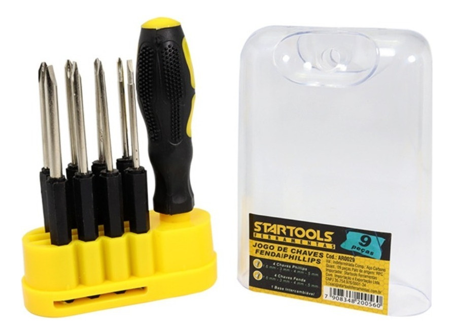 Kit 9 Chaves Fenda e Phillips Cabo Emborrachado Pontas Intercambiáveis