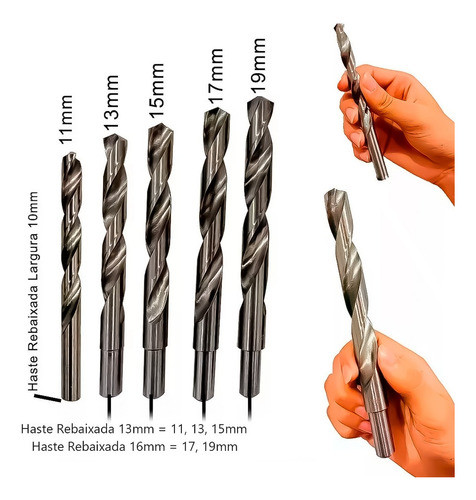 Kit 5 Broca Aço Rápido 11+ 13+ 15+ 17+ 19mm Haste Rebaixada HSS Din338 Kit 5 Broca Aço Rápido 11+ 13+ 15+ 17+ 19mm Haste Rebaixada HSS Din338