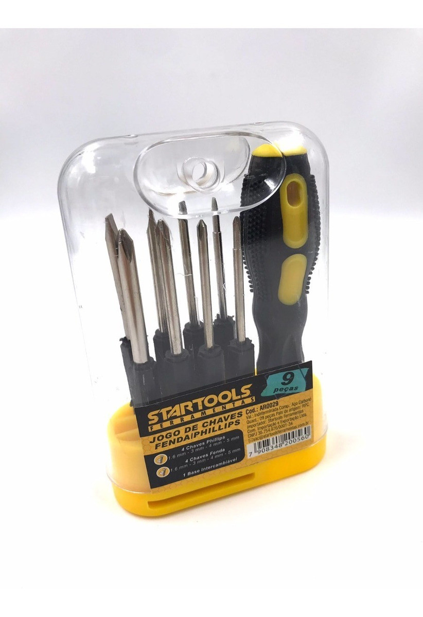 Kit 9 Chaves Fenda e Phillips Cabo Emborrachado Pontas Intercambiáveis