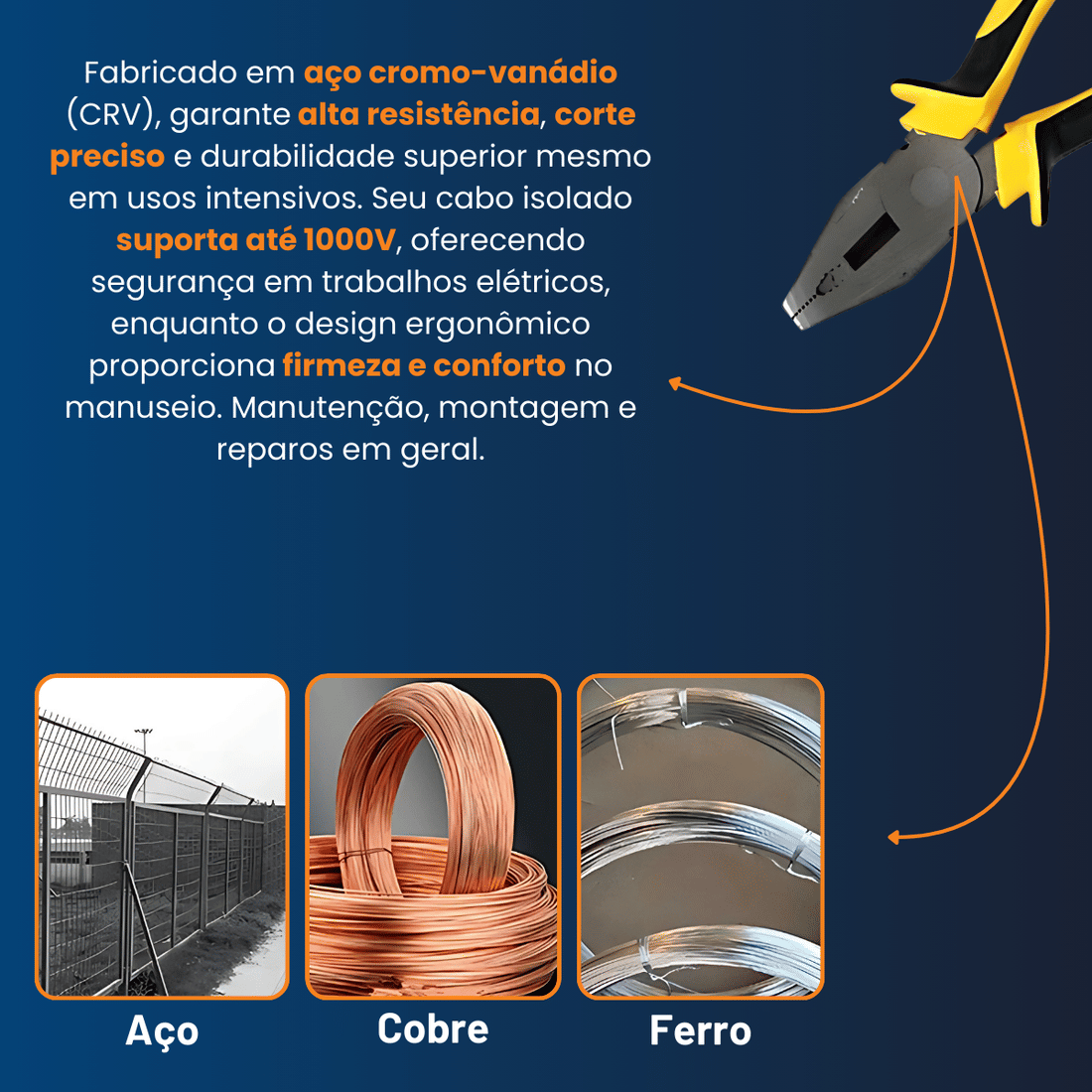 Alicate Universal 8" CRV Isolado 1000V Profissional Corte Preciso Alta Durabilidade