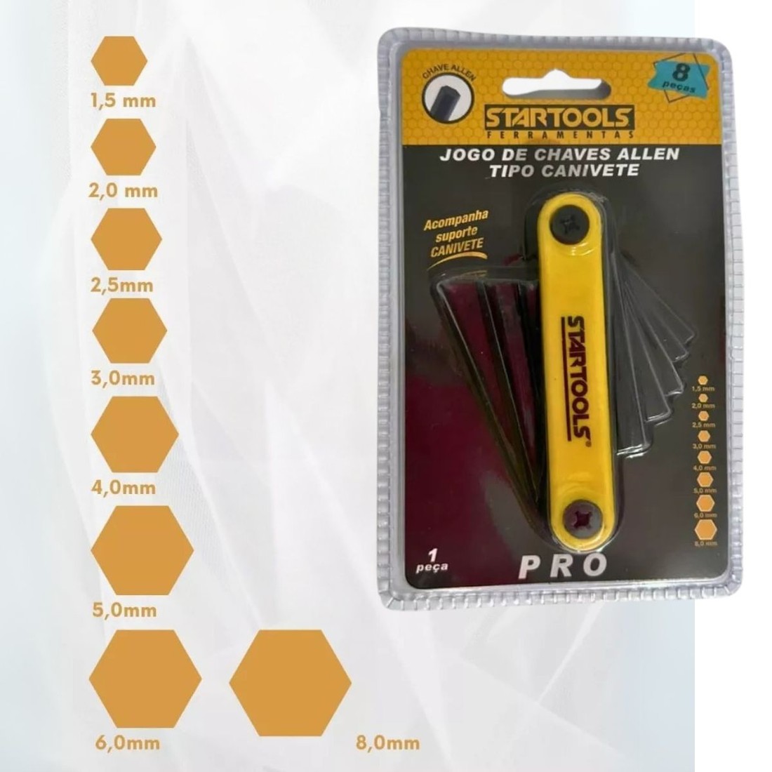 Jogo Chaves Allen Tipo Canivete 8 Peças 1,5 a 8mm Aço Carbono