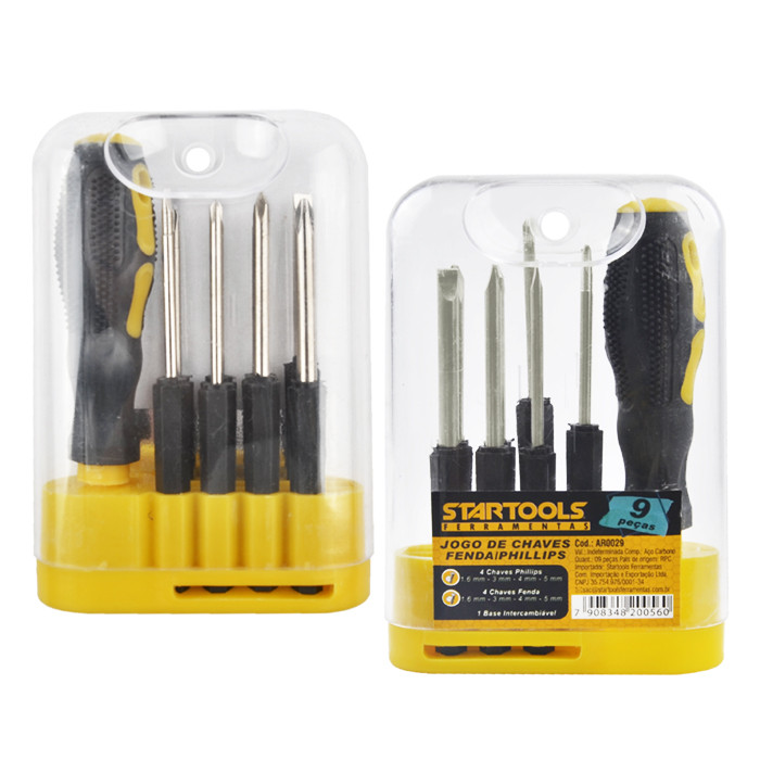 Kit 9 Chaves Fenda e Phillips Cabo Emborrachado Pontas Intercambiáveis