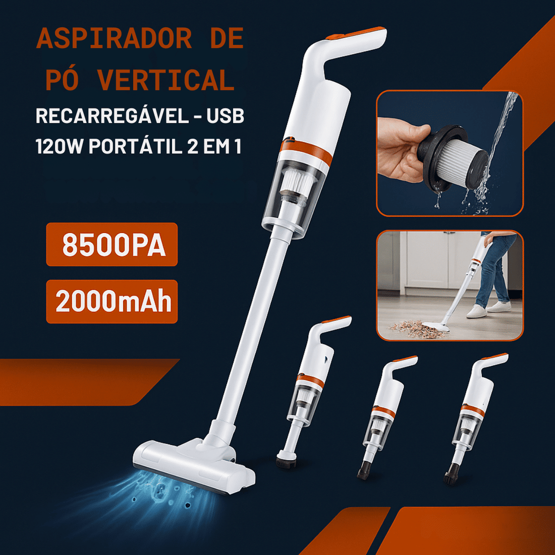 Aspirador de Pó Vertical Recarregável USB 120W Portátil 2 em 1