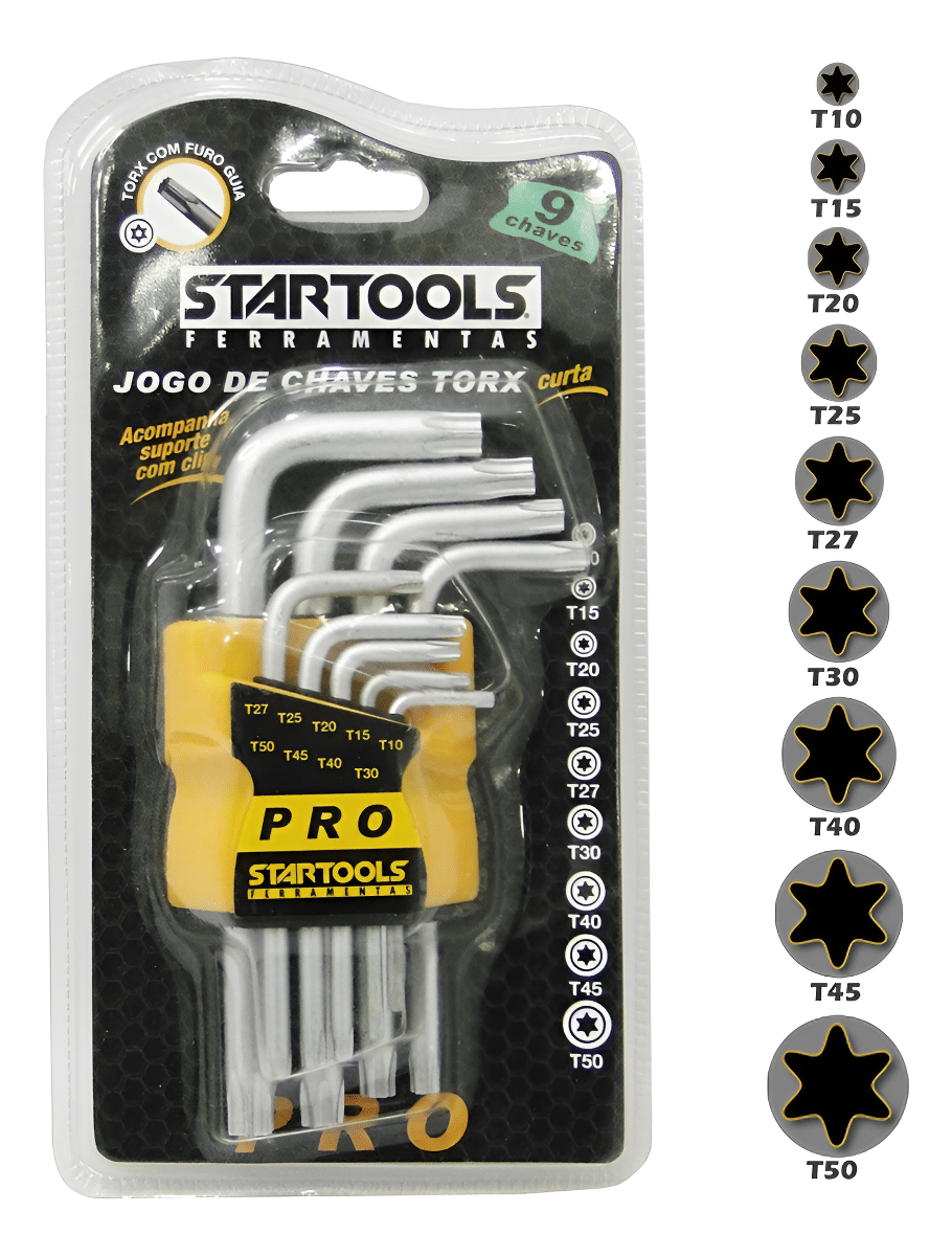 Kit 9 Chaves Torx com Furo Guia T10 a T50 Cromo Vanadium Alta Precisão Profissional