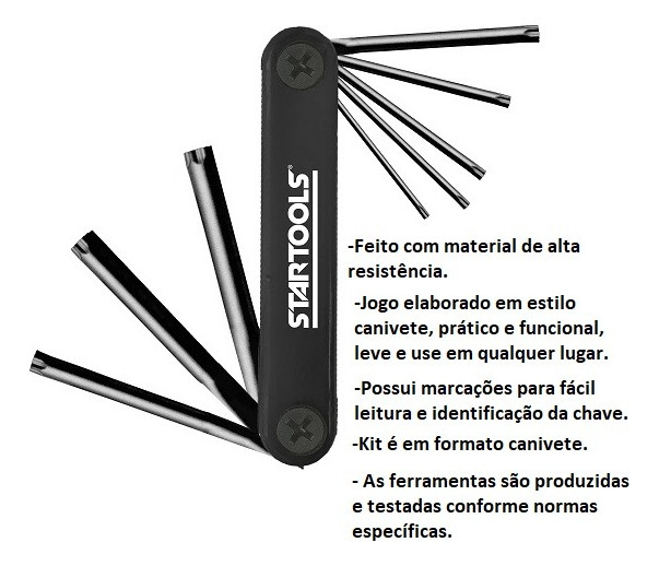 Jogo Chaves Torx Tipo Canivete 8 Peças T9 a T40 Aço Carbono