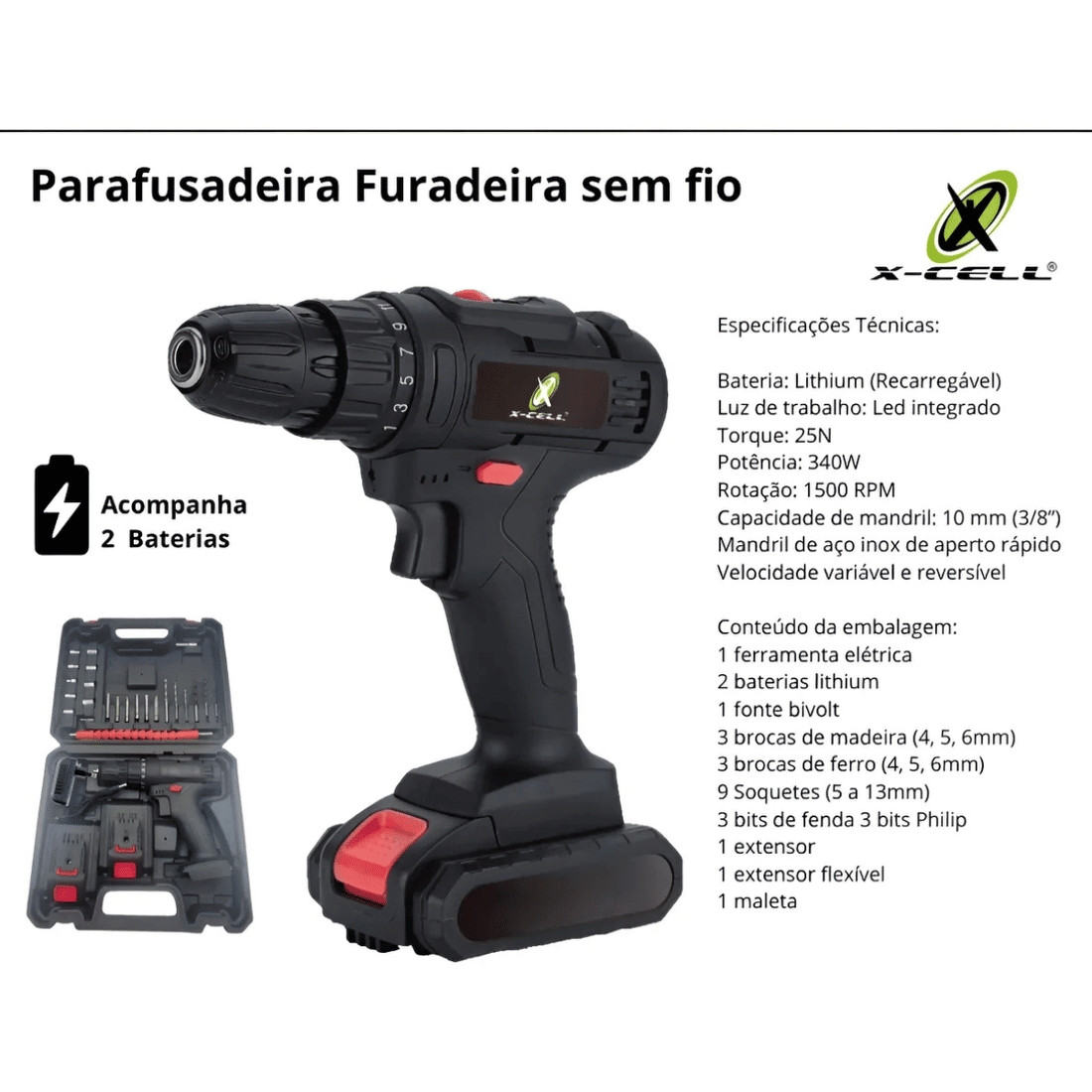 Parafusadeira Furadeira Sem Fio Potênte + 2 Baterias 36v + Acessórios Bivolt