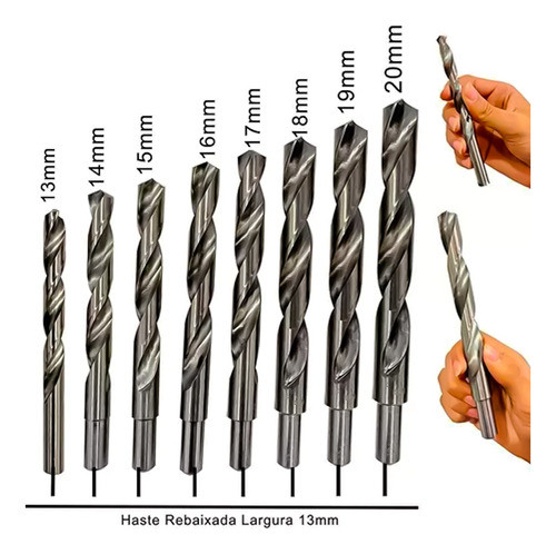 Kit 8 Broca Aço Rápido 13mm 14mm 15mm 16mm 17mm 18mm 19mm 20mm HSS Din338 Kit 8 Broca Aço Rápido 13mm 14mm 15mm 16mm 17mm 18mm 19mm 20mm HSS Din338