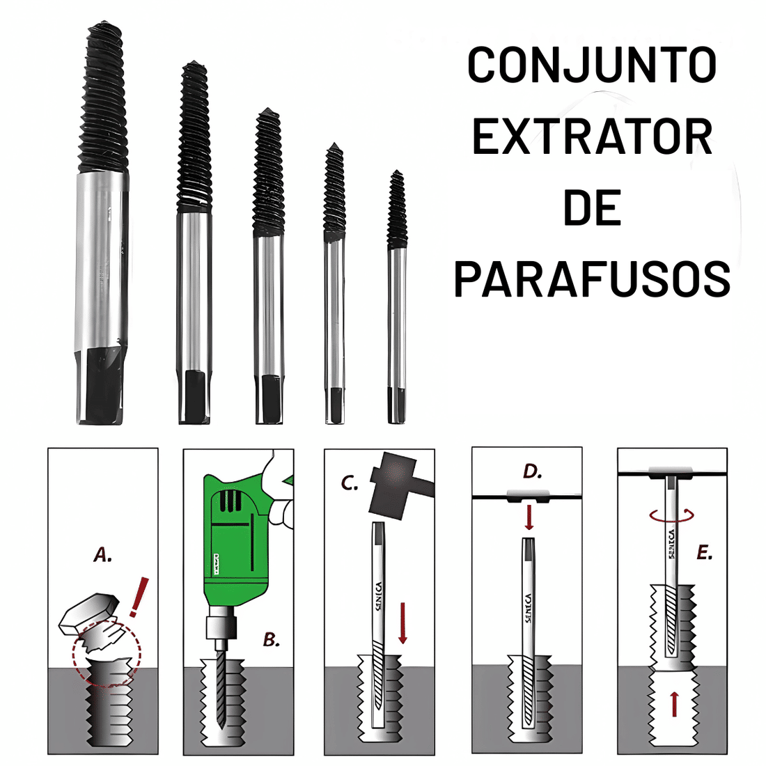Extrator De Parafuso Quebrado Sacador Kit 5pçs 3 A 18mm Extrator De Parafuso Quebrado Sacador Kit 5pçs 3 A 18mm