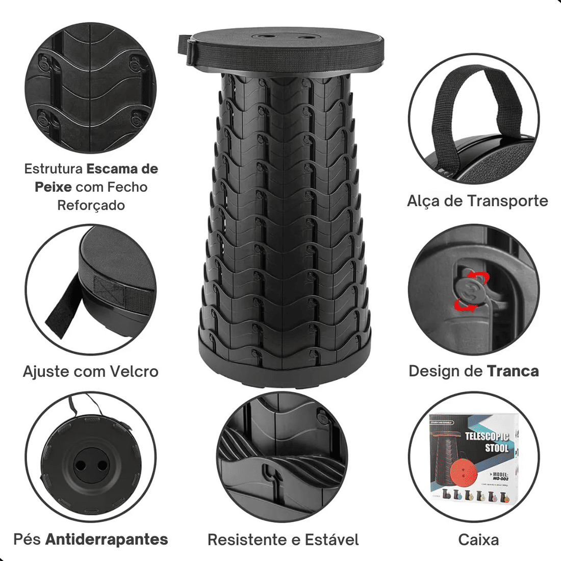 Banqueta Retrátil Banco Portátil com Alça Multiuso Leve Preto