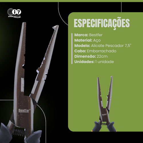 Alicate De Pesca Emborrachado Ponta Alongada Aço Bico 7,5