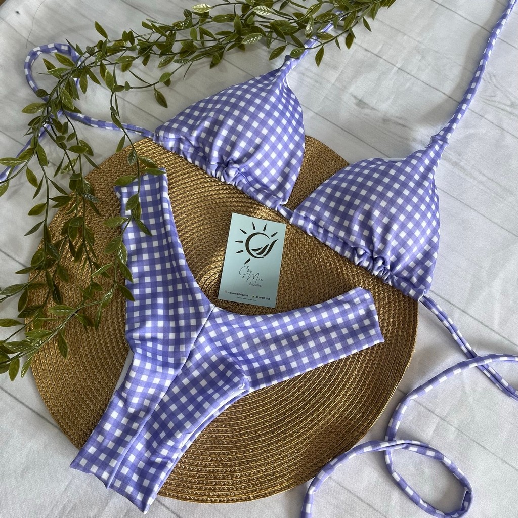 Biquíni Cortininha e Asa Delta Xadrez Lilás