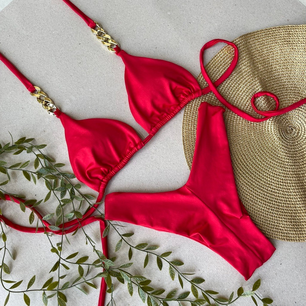 Biquíni Cortininha e Asa Delta Vermelho com Corrente
