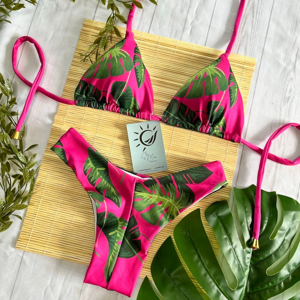 Biquíni Cortininha e Asa Delta Pink Folhas Biquíni Cortininha e Asa Delta Pink Folhas