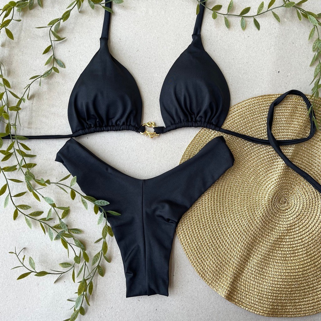 Biquíni Cortininha e Asa Delta Preto com Argola