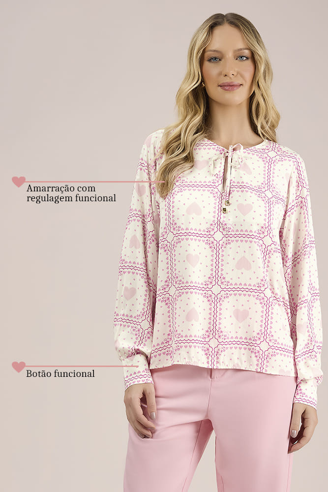 Blusa manga longa com amarração em viscose estampada ANGEL Loja