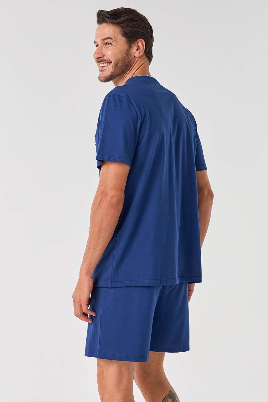 KIT PIJAMA DE ALGODÃO CURTO E ROBE DE SOFT AZUL PIJAMA LADO