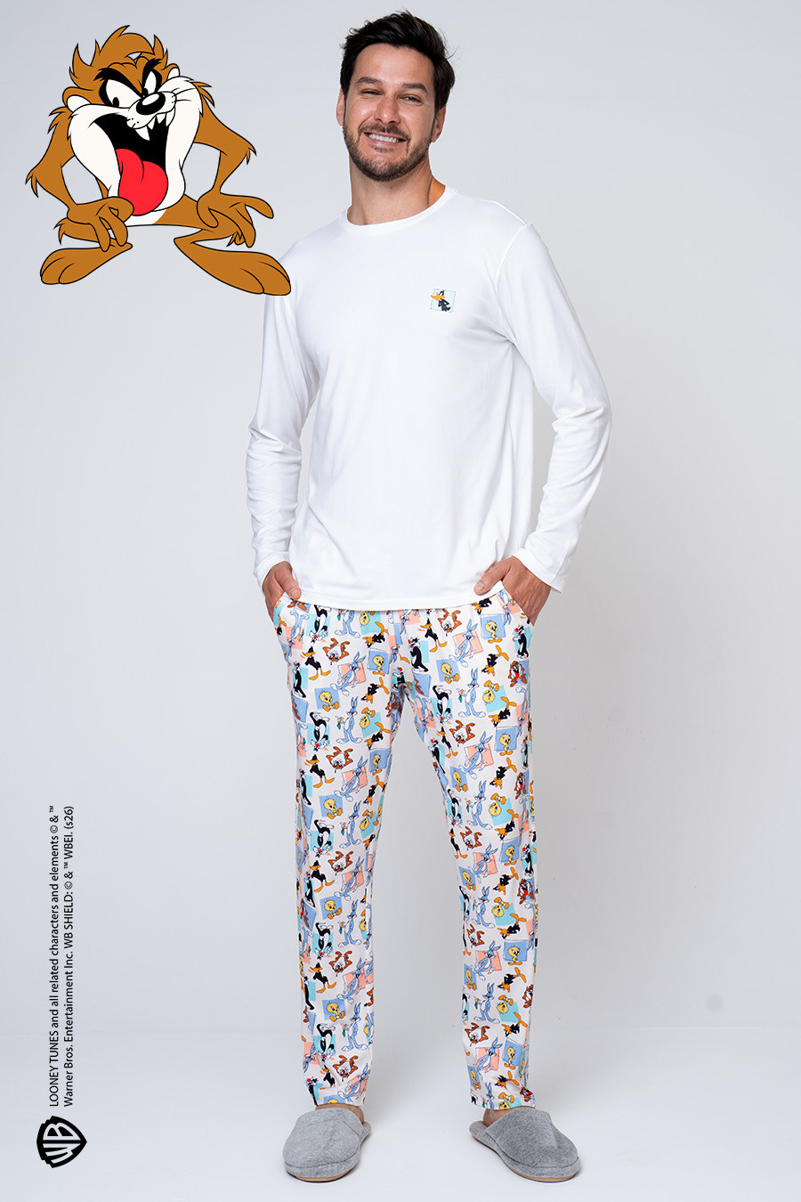 KIT PIJAMA LONGO LOONEY BOX E ROBE DE SOFT PRETO FRENTE PIJAMA