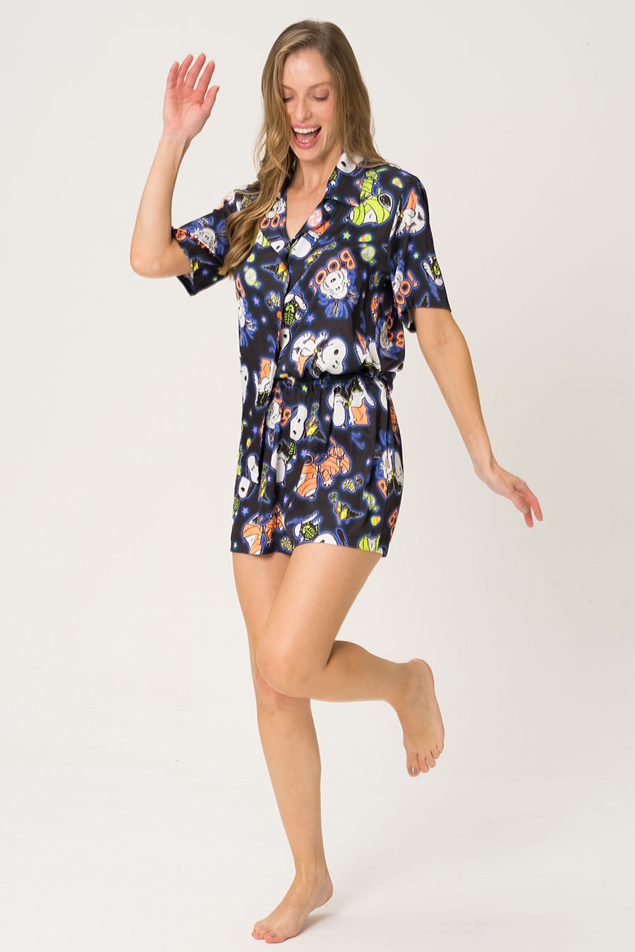 PIJAMA AMERICANO ACETINADO CURTO - SPOOKY SNOOPY PIJAMA AMERICANO ACETINADO CURTO - SPOOKY SNOOPY