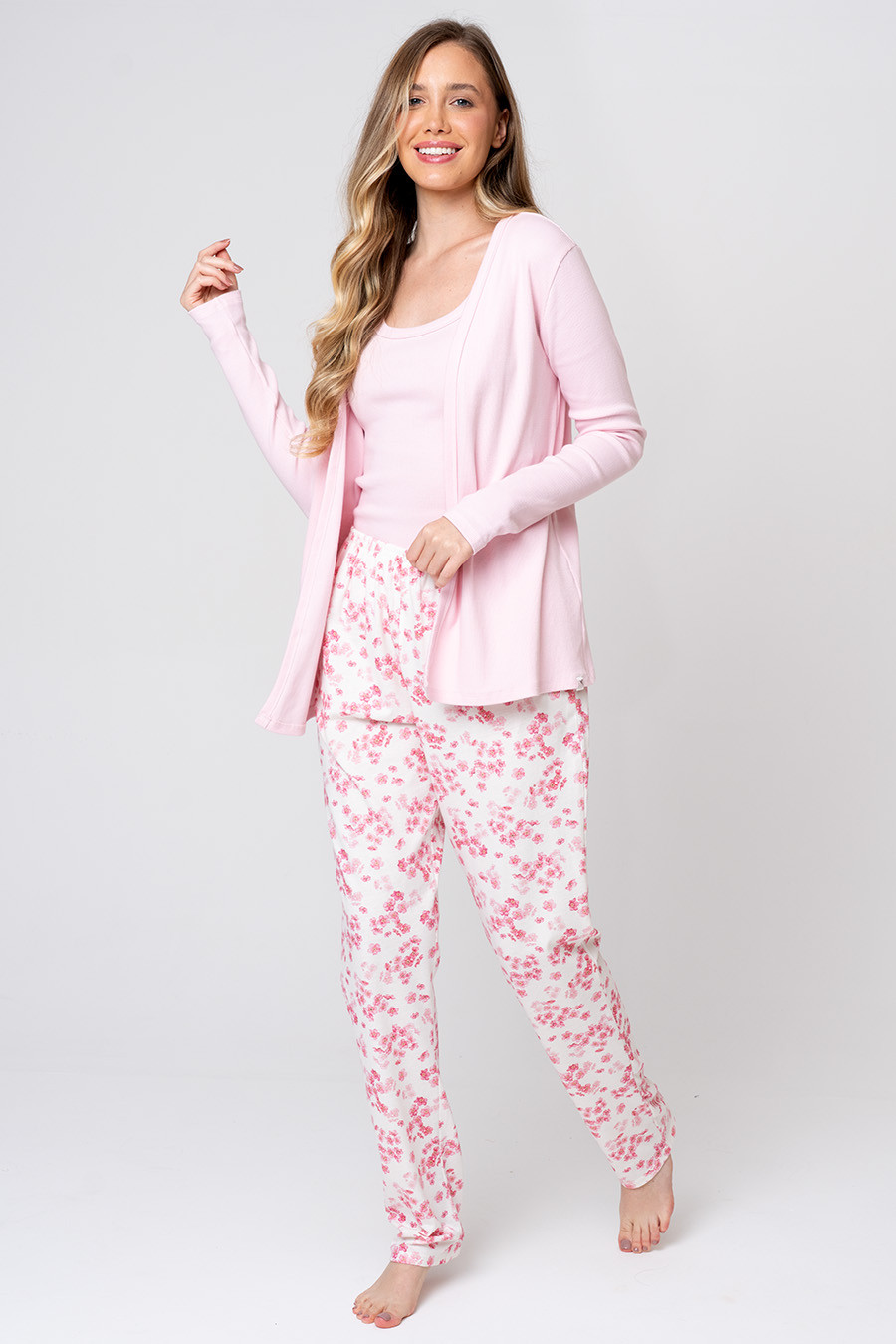 PIJAMA FEMININO LONGO 3 PEÇAS FLORAL - AMOR DE MÃE FRENTE