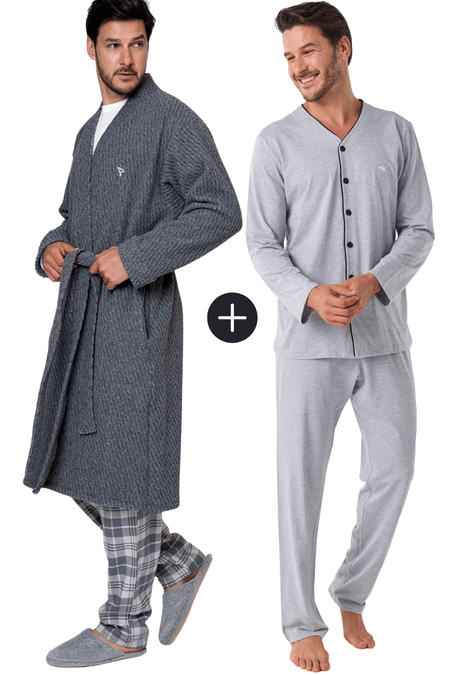 KIT PIJAMA AMERICANO LONGO DE ALGODÃO CINZA E ROBE DE SOFT CINZA KIT