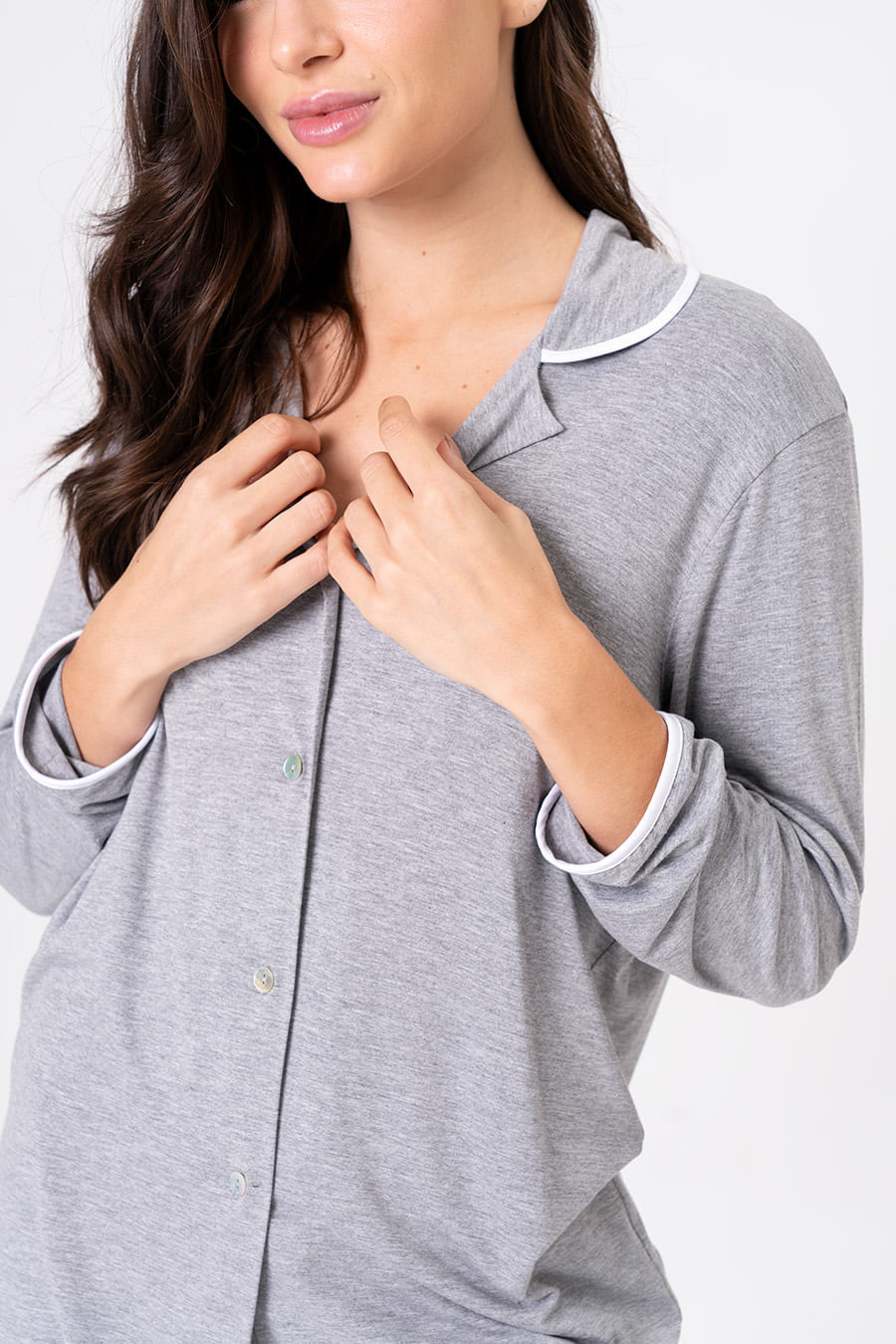PIJAMA LONGO MALHA DE VISCOSE COM BOTÕES - CLÁSSICO VISCOSE MESCLA PIJAMA LONGO MALHA DE VISCOSE COM BOTÕES - CLÁSSICO VISCOSE MESCLA